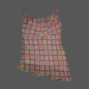 pink and yellow y2k cowl neck top. asymmetrical cut bottom.